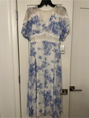 Taylor White Dress with Blue Floral Print and Lace Trim